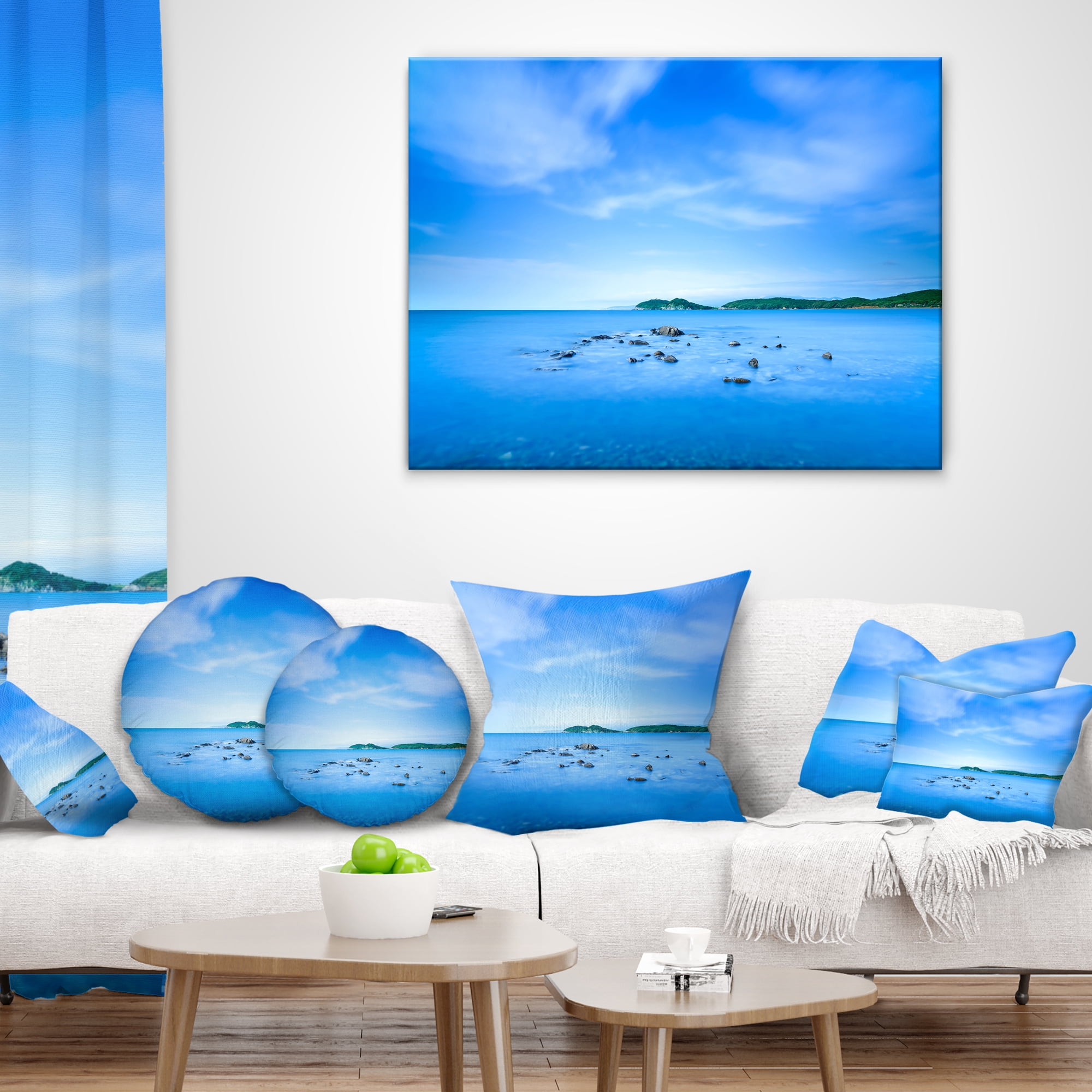Designart Baratti Bay Small Rocks in Blue Sea - Seashore Throw Pillow - 18x18