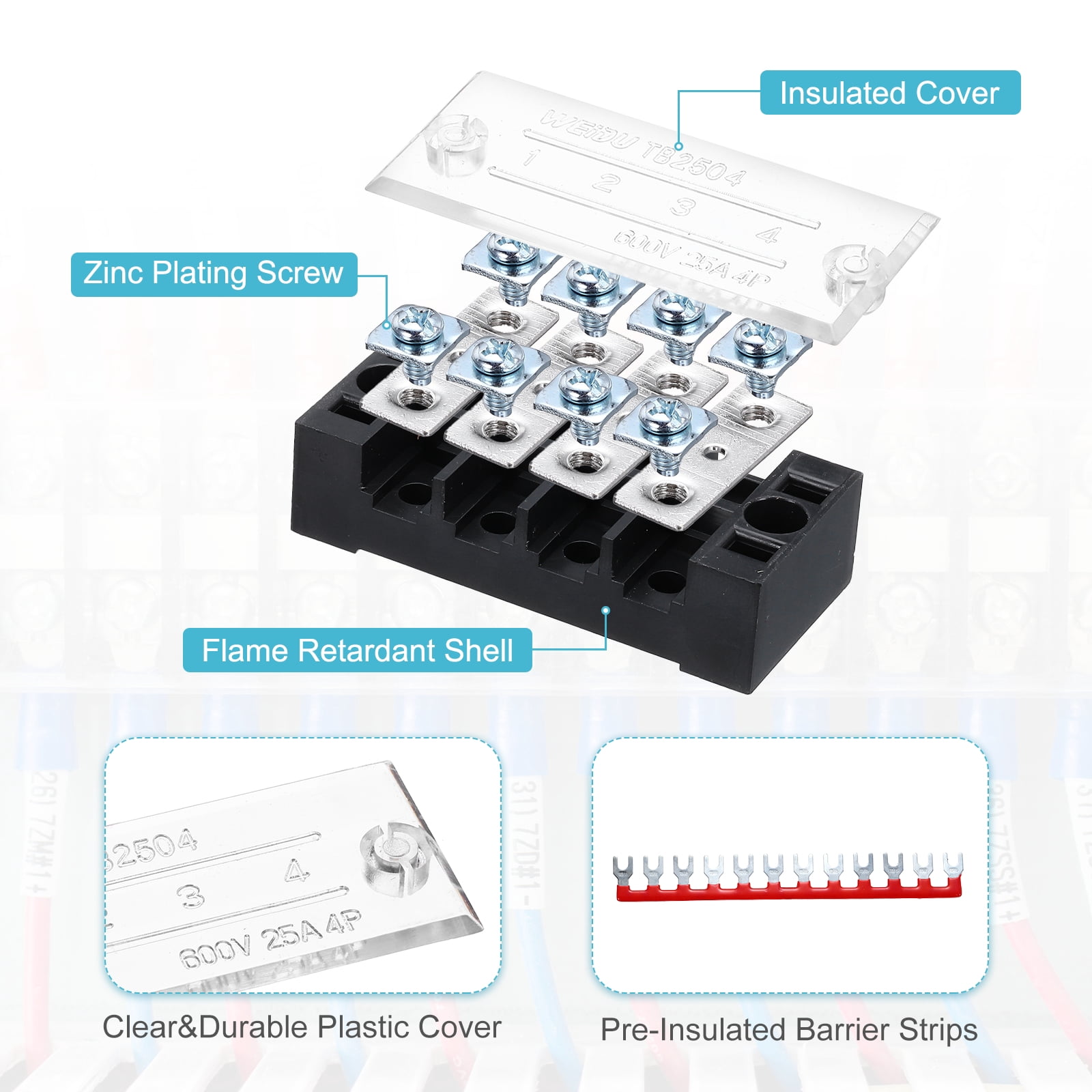 Uxcell 2 Pcs Dual Row Terminal Block, 600V 45A 12 Positions Screw Terminal Block with 2PCS Pre-Insulated Barrier Strips for Power System, Home Appliances