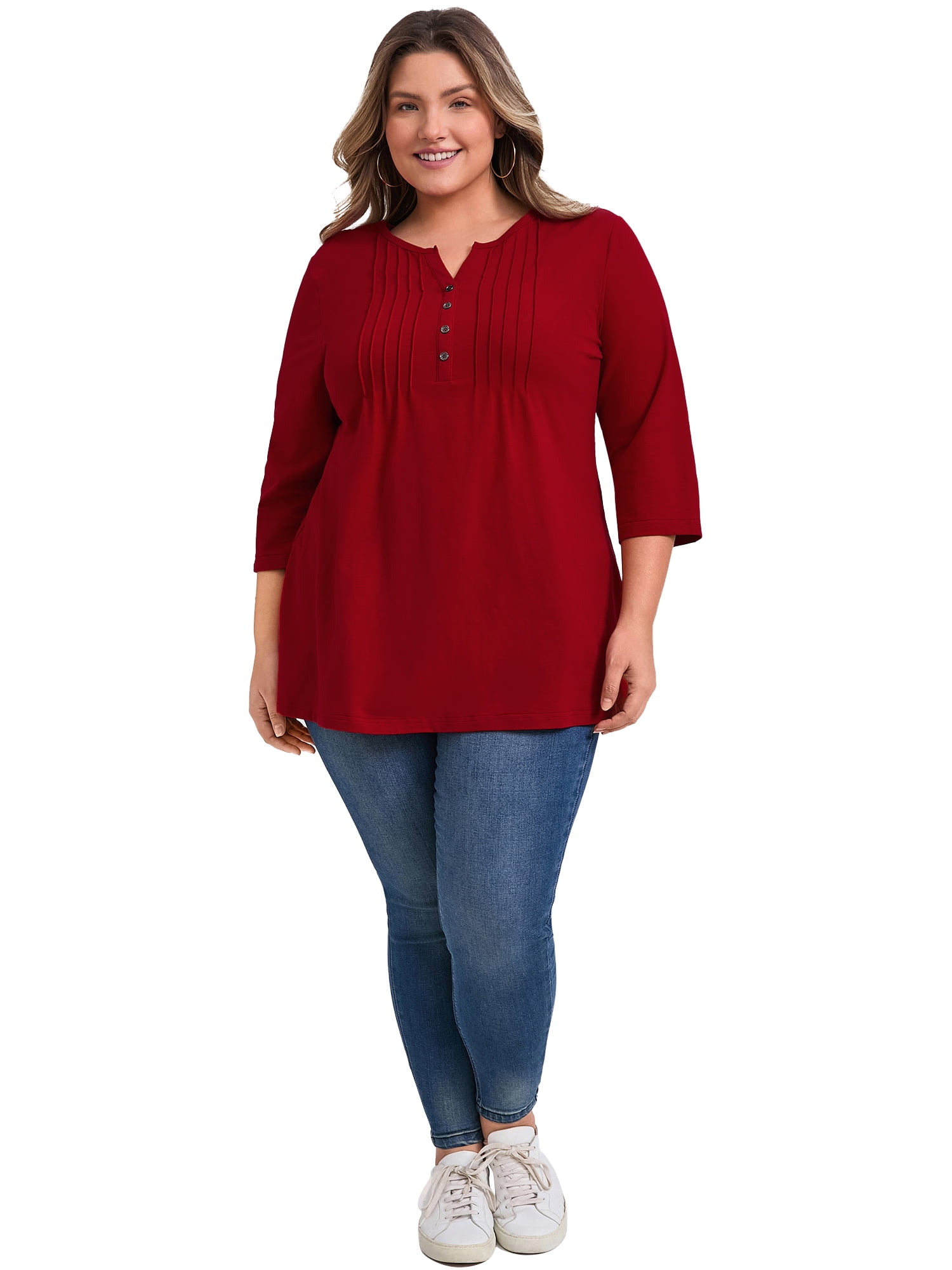 Women's Plus Notched Neck 3/4 Sleeve Front Pleated Button Decor Blouses Dressy Casual 3X Red