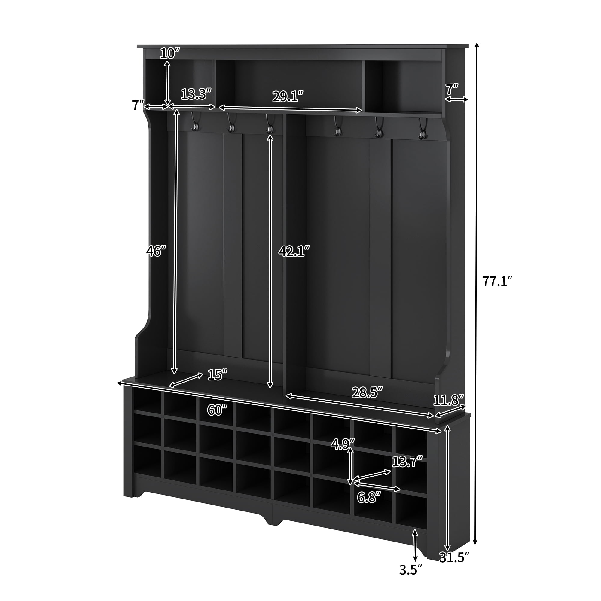 Aukfa 60" Wide Hall Tree with Storage and 24 Shoe Cubbie - Black