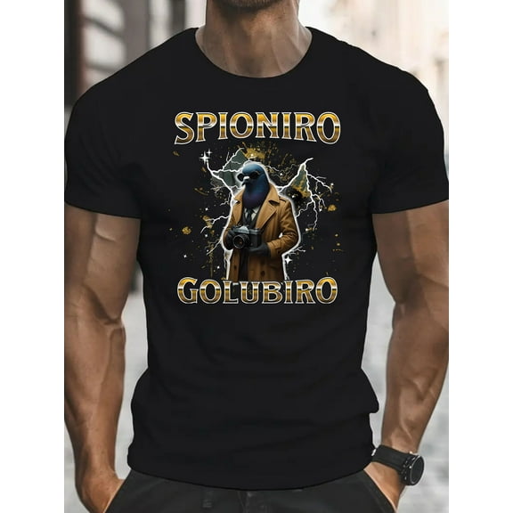 Spioniro Men's Funny Italian Brainrot Graphic T-Shirt - Retro Cartoon Print Short Sleeve Tee, White with Golden Accents, Regular Fit Casual Summer Top for Daily Wear, Italian T Shirt