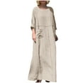 thumbnail image 3 of Jinhomg Women Casual Long Sleeve Maxi Dress Lightweight Cotton Linen Beach Loose Fit Comfy Crewneck Midi Dress 2025 Spring Dresses with Pocket Spring Saving Beige M, 3 of 7