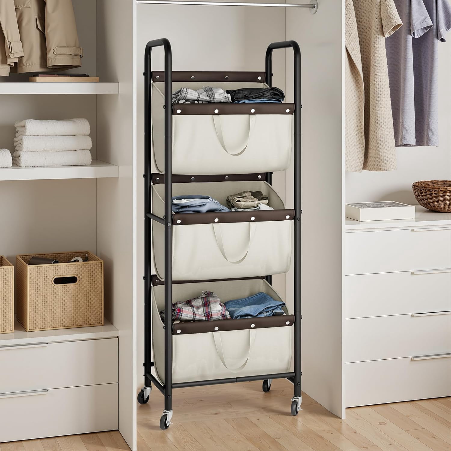 GRANNY SAYS 3-Tier Laundry Basket with Wheels, 120L Rolling Laundry Hamper Sorter, 3 Section Metal Frame Laundry Organizer, Removable Bags, Beige
