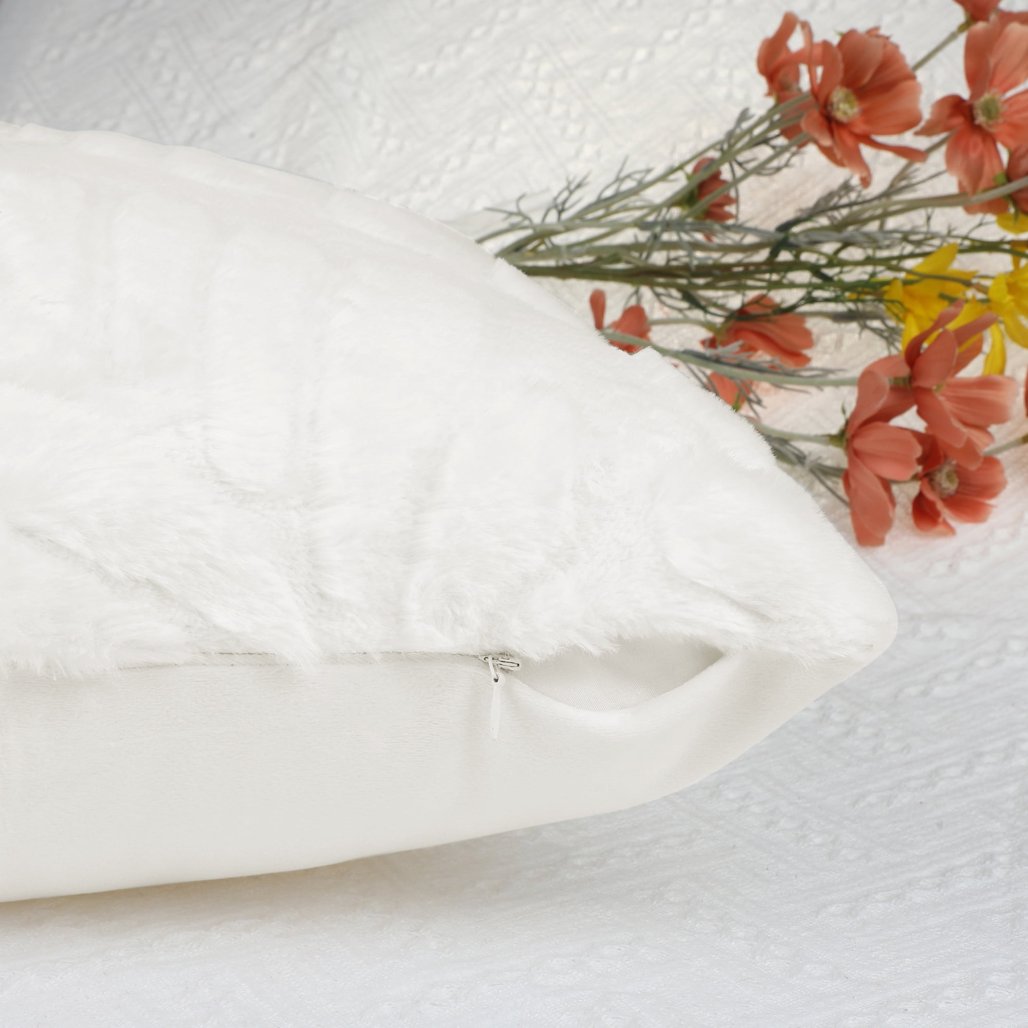 Unique Bargains Basho Leaf Pattern Cushion Covers Solid Fluffy Plush Pillow Covers 2 Pcs White 18" x 18"