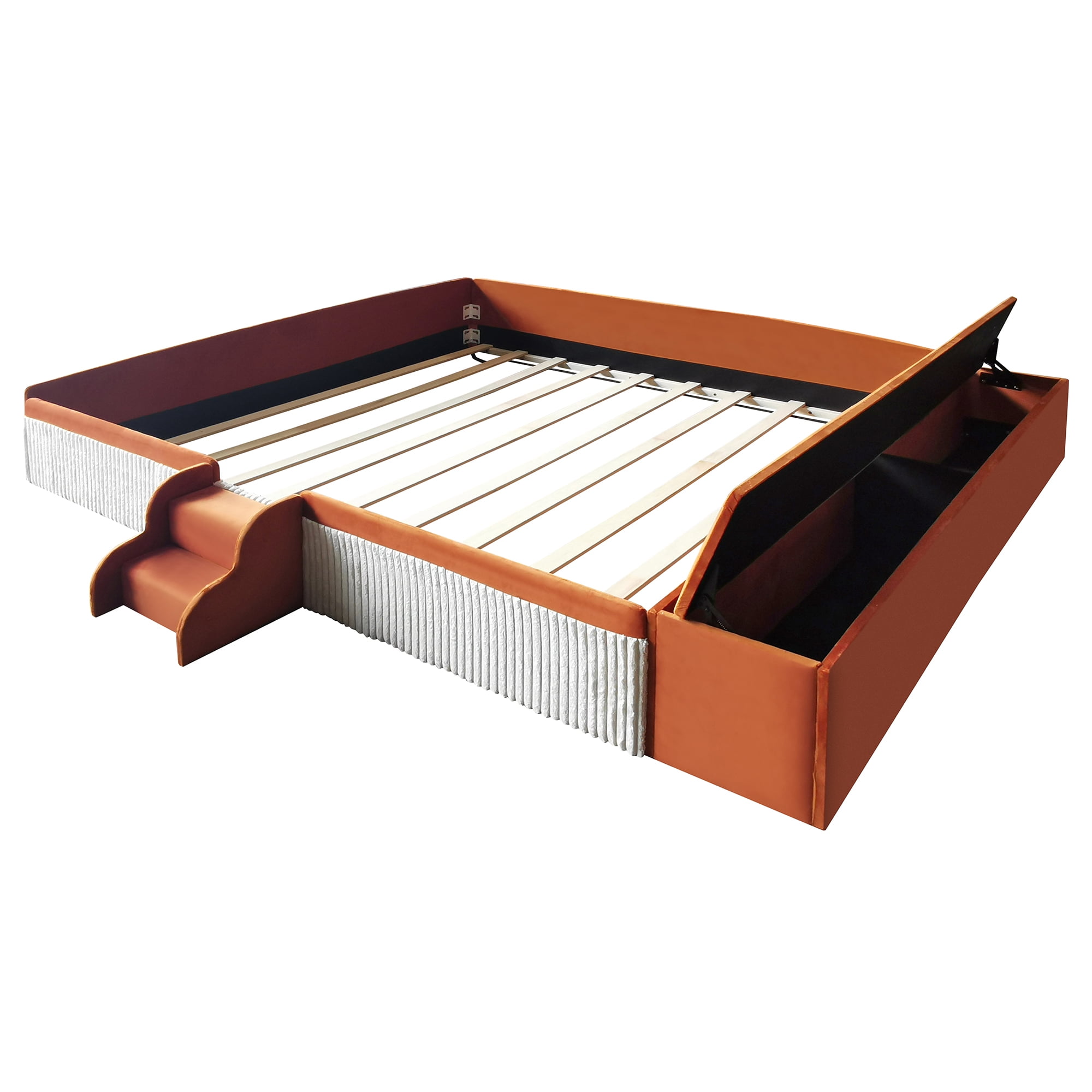Leumius King Size Floor Bed Frame with Stairs & Gas Lift Storage Ottoman, Velvet Upholstered Daybed with Padded Guardrails, Brown+White