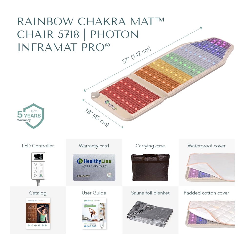 HealthyLine Rainbow Heated Chair Pad 5718 - Far Infrared Heating Pad - PEMF Mat with 7 Natural Healing Stones for Chakra, Reiki Balance - Biomat 57” x 18”
