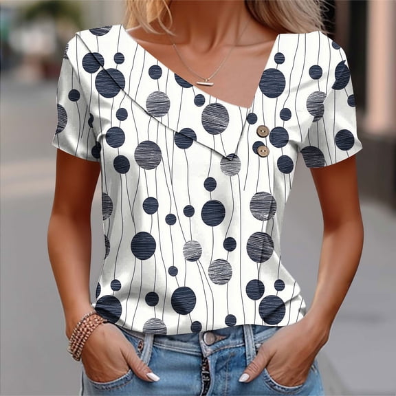 Nmnitkp Women's Tops, Tees & Blouses Polka Dot Print Asymmetrical V-Neck Short Sleeve T-Shirt, Casual Loose Fit Spring Summer Tops for Daily Wear White,L