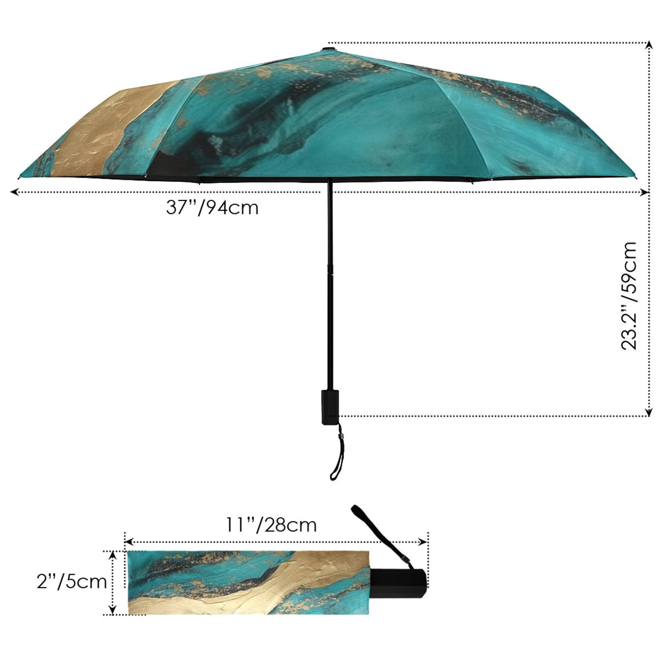 Turquoise Gold Marble Compact Sun Umbrella Windproof Travel Umbrellas for Rain Strong Portable UV Protection