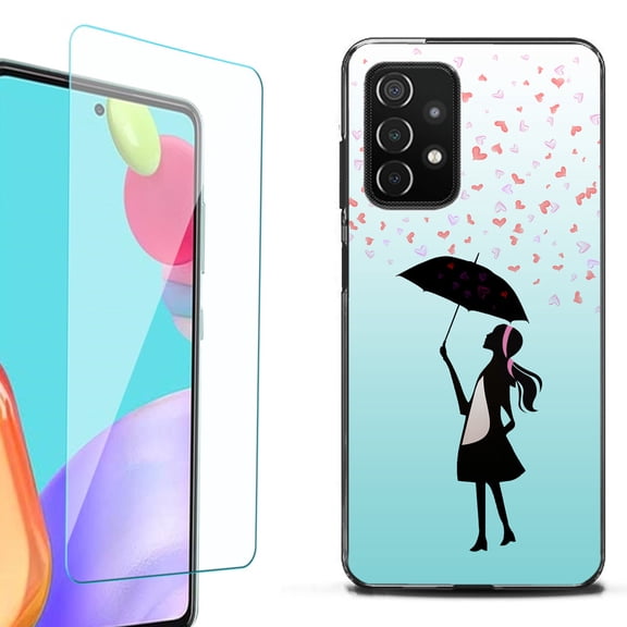 Slim-Fit Flexible TPU Gel Phone Case (black) for Samsung Galaxy A52 5G, with Tempered Glass Screen Protector, by OneToughShield ® - Rain/Hearts