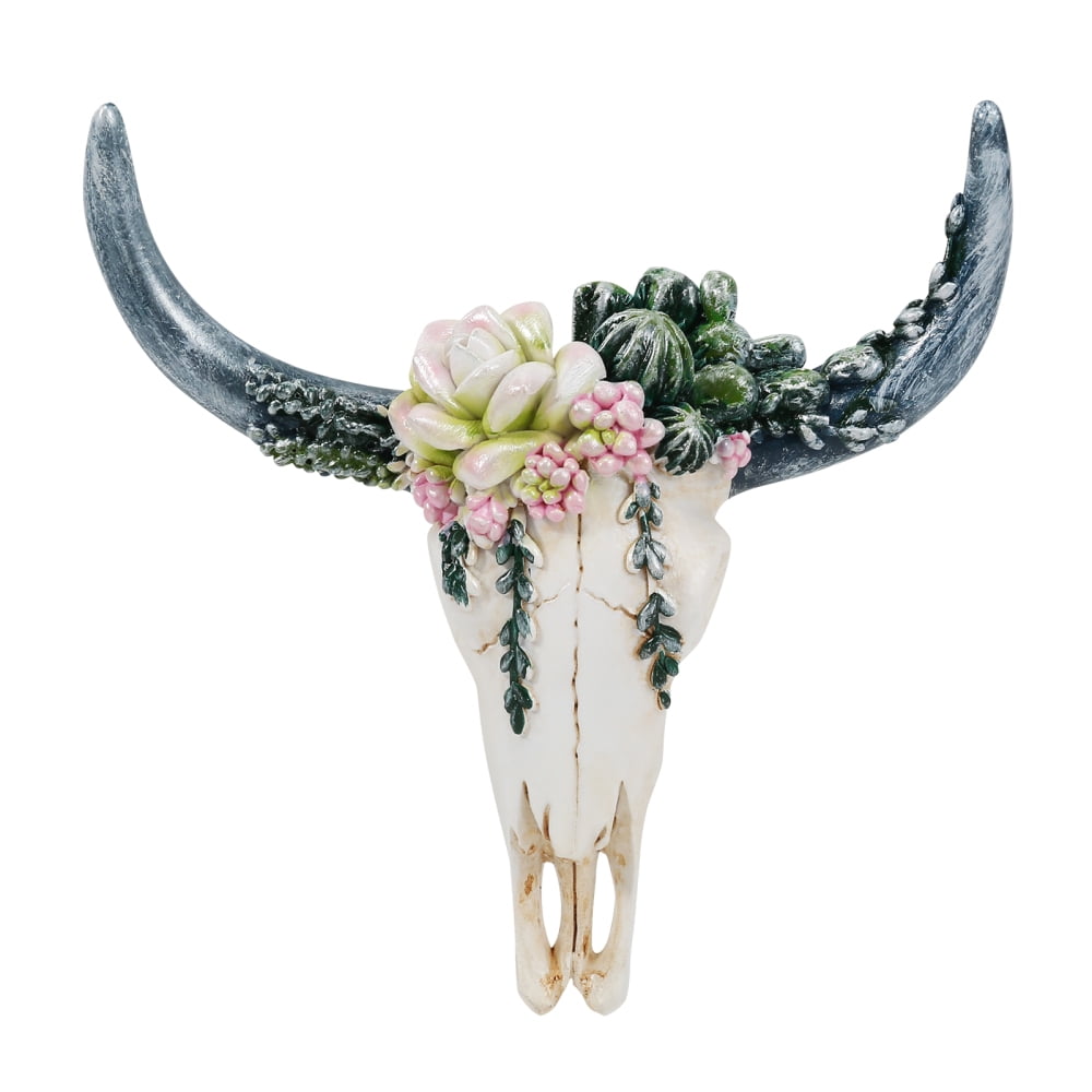 Succulent/Flower Cow Skull Wall Decor Nursery Decor Resin Ornament with Hanging Wall Decor