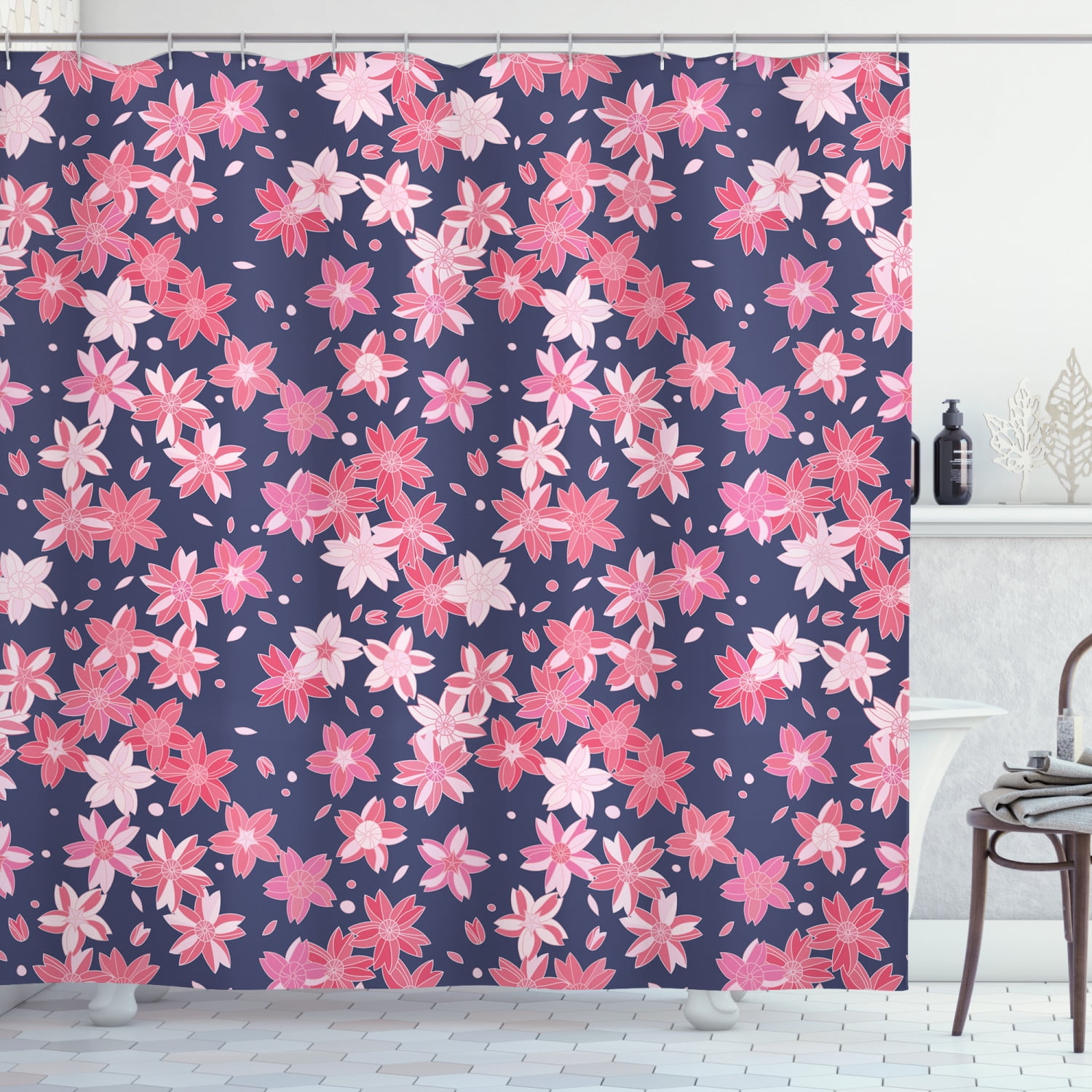 Navy and Blush Shower Curtain, Delicate Spring Theme Flourishing Sakura