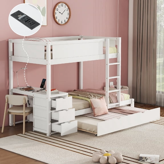 Twin-Over-Twin Size Bunk Bed Frame with Trundle and Power Outlet, Wood Bunk Bed Storage and build-in desk for Bedroom, Apartment, Mattress not included,No Box Spring Required, White