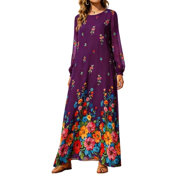 Vestido con Cuello Redondo de Manga Larga de Gasa Impreso para las Mujeres, Moda de Verano de Primavera Informal Y Elegante