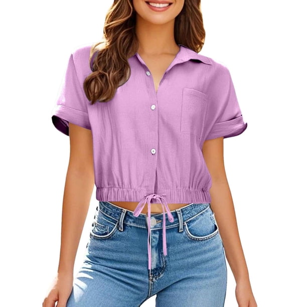 Camisa de manga corta con solapa y botones para mujer, top de playa con bolsillo, poliéster ligero, versátil para ocasiones informales y al aire libre