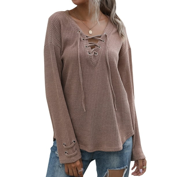 ZXZY Women Tied Front Drawstring Long Sleeve V Neck Casual Knitted Top