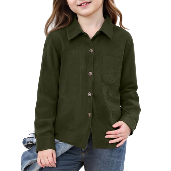 bbyeadc Dress Shirts for Girls Solid Button Down with Pocket Collared Neck Top Comfy Cap Sleeve Fitted Casual Clothes,Army Green(110)