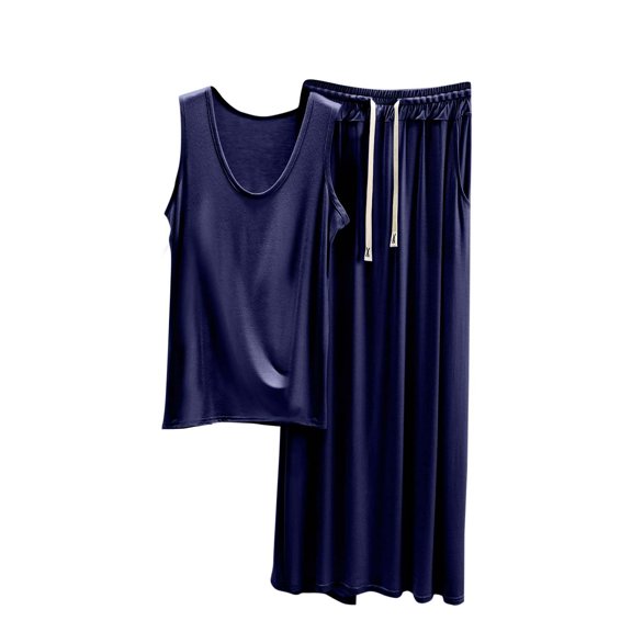 Bixock Pajamas Two Piece Set for Women,Women Plus Szie Pajamas,Pajamas for Women Fashion Solid Color Modal Wide Crew Neck Camisole Drawstring Pocket High Waist Maxi Skirt Casual Sleepwear Pajamas Set