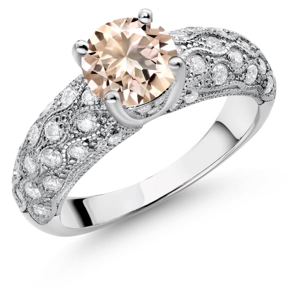 Gem Stone King 925 Sterling Silver Peach Morganite and White Moissanite Engagement Ring for Women (1.49 Cttw, Round 7MM, Gemstone October Birthstone, Size 8)