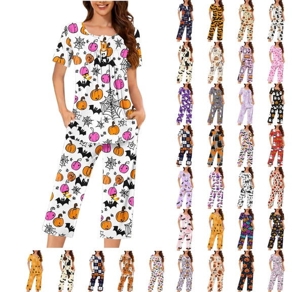 Juesizh Pajamas for Women Set Plus Size Halloween Print Loungewear Casual Comfy Short Sleeve Capris Pajamas, S-3XL