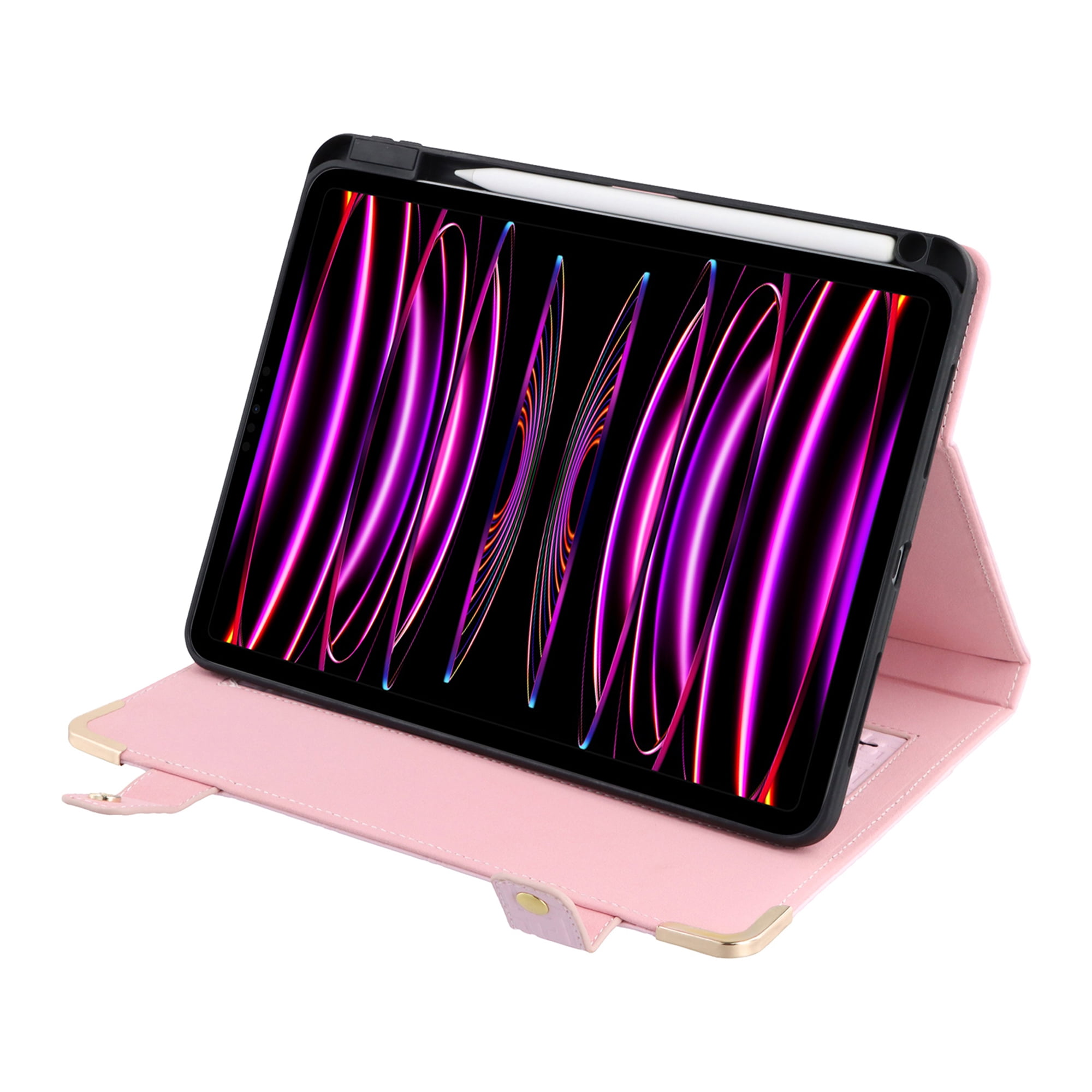 for iPad Air 11 2024/Pro 11 2022 2021 2020 2018/Air 4/Air 5, Protective Folio Case with Card Slots & Zipper Pocket & Pencil Holder, Stand Wallet PU Leather Portable Crossbody Strap Cover, Pink