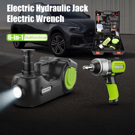 Electric Hydraulic Jack Emergency Tool Kit with Window-Breaking Hammer Anti-Slip Gloves Battery Clamps Electric Wrench