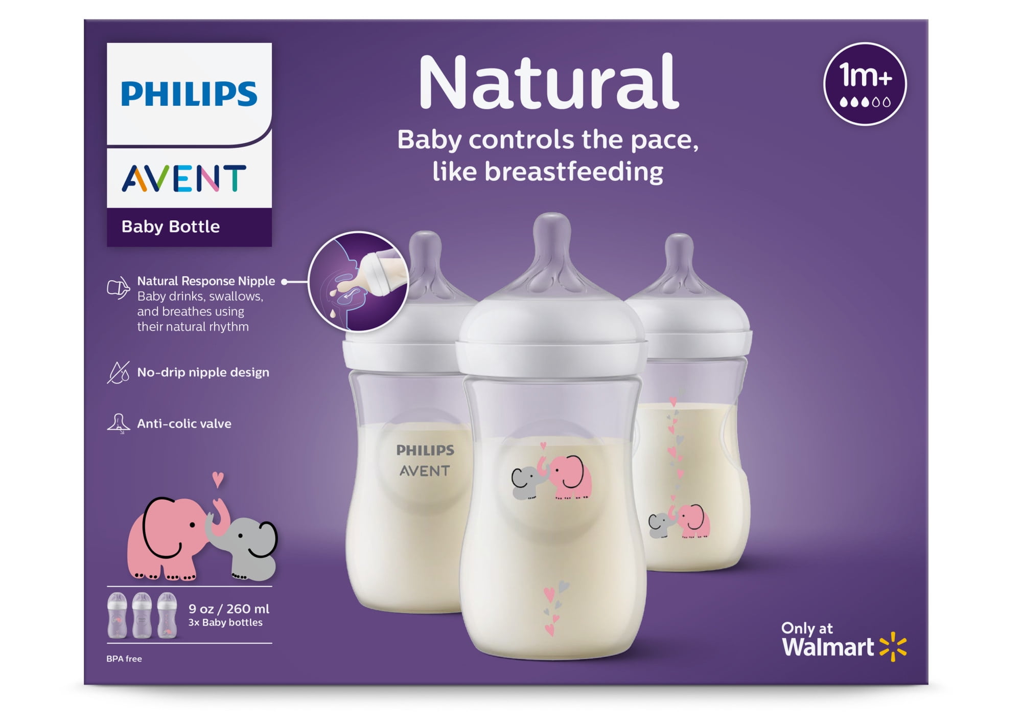 Philips Avent Natural Baby Bottle with Natural Response Nipple, with Pink  Elephant Design, 9oz, 3pk, SCY903/62 
