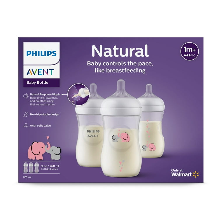 Philips Avent Natural Baby Bottle with Natural Response Nipple, with Pink  Elephant Design, 9oz, 3pk, SCY903/62 