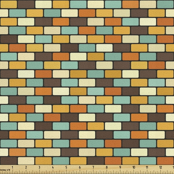 Yellow Brown Sofa Upholstery Fabric by the Yard, Design of a Colorful Brick Wall Rounded Rectangles, Decorative Fabric for DIY & Home Accents, 5 Yards, Multicolor by Ambesonne
