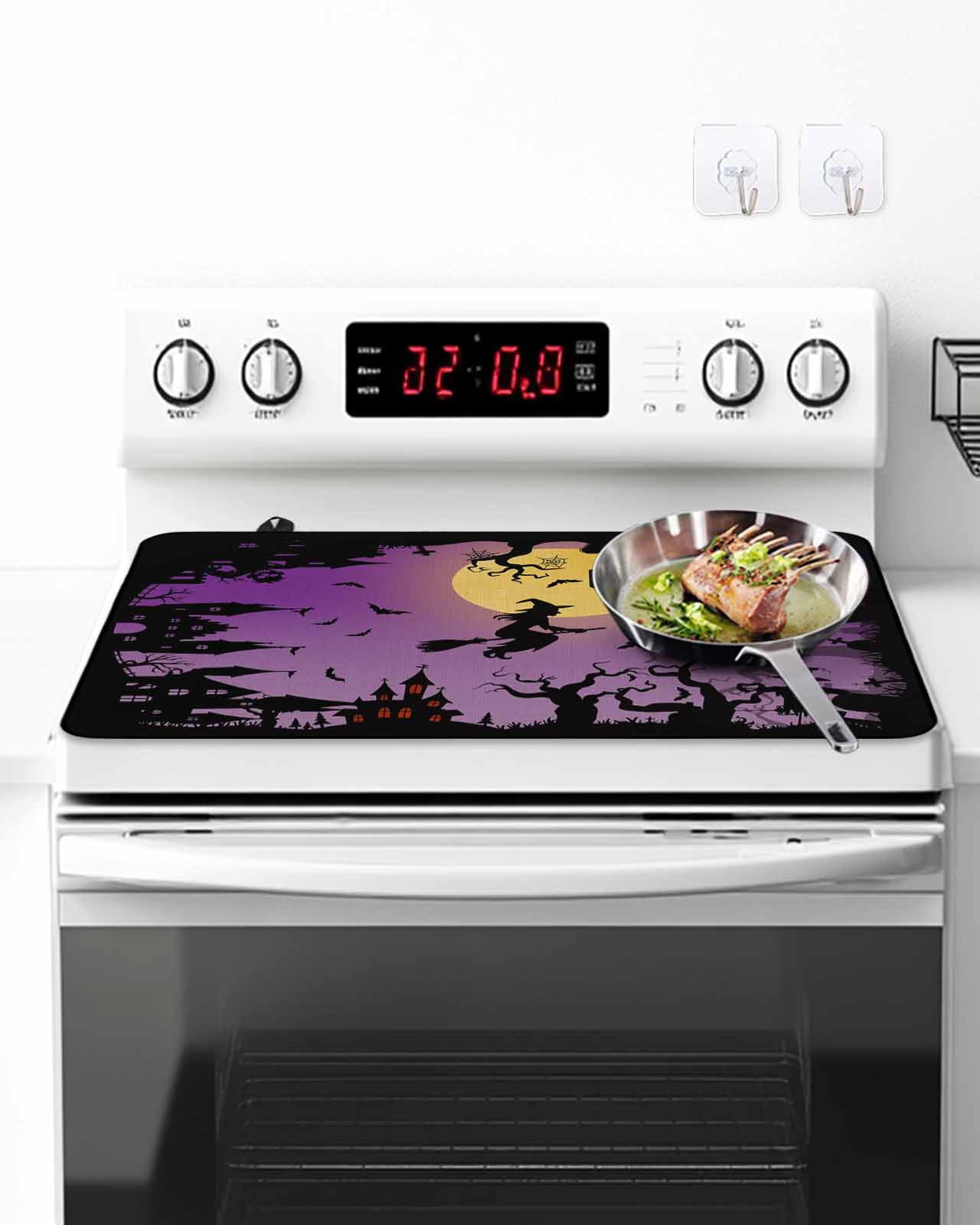 Stove Top Covers for Electric Stove, Halloween Kitchen Glass Ceramic Electric Cooktop Covers 28.5"x20.5", Modern Castle Witch Forest Moon Purple HeatResistant Oven/Countertop/Dishwasher Protector