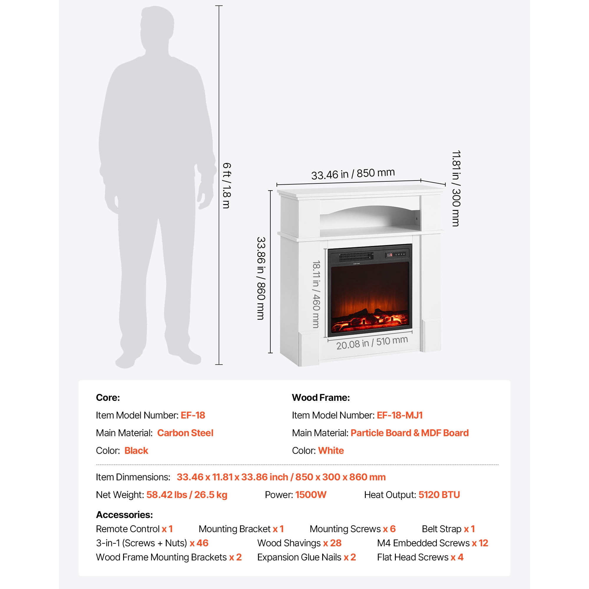 KFFKFF 33-Inch Freestanding Electric Fireplace with Mantel, 1500W Heater, Adjustable Flames, Timer, Remote Control, Overheat Protection, Ideal for Living Room or Bedroom, White