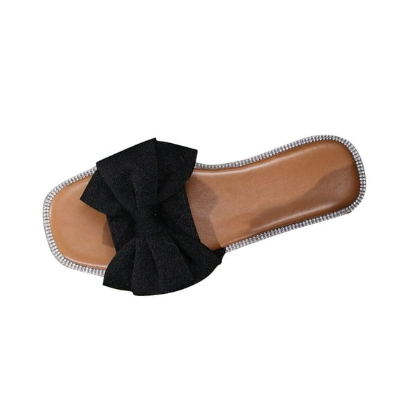 LOVZFMLL Women's Flat Sandals Summer Casual Bow Knot Square Toe Slippers for Beach Walking Slides Outdoor Open Toe Slip On Black 5.5