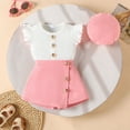 thumbnail image 2 of CAICJ98 Baby Toddler Girl Outfits Summer Clothes Crew Neck Knitted Cotton Ruffle Sleeves Button Tops+Mini Skirts+Beret 3Pcs Set (Pink,2-3 Years), 2 of 7