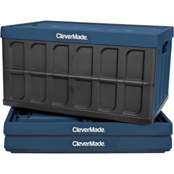 CleverMade Collapsible Storage Bin 62L Stackable With Lid, Ocean 3 Pack