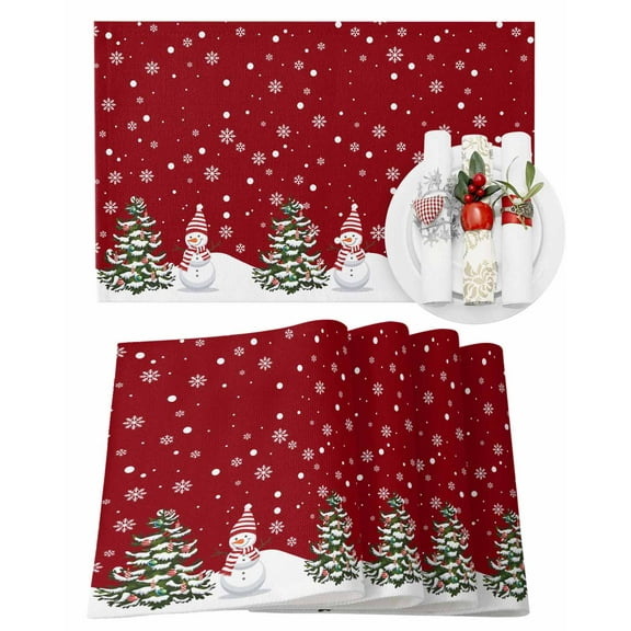 Christmas Placemats Set of 6, Red Christmas Tree Snowman Place Mats Winter Snowflake Placemat Table Decoration for Kitchen Table Dinner Xmas Holiday Party Home Decor Indoor Outdoor 13x19 Inch