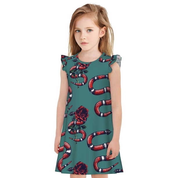 Fotbe Snake And Rose Vestido de Dormir para Niñas de 3 a 10 Años, Mangas Cortas, Estilo Princesa, Pijama Camisón con Mangas Voladas-XX-Large