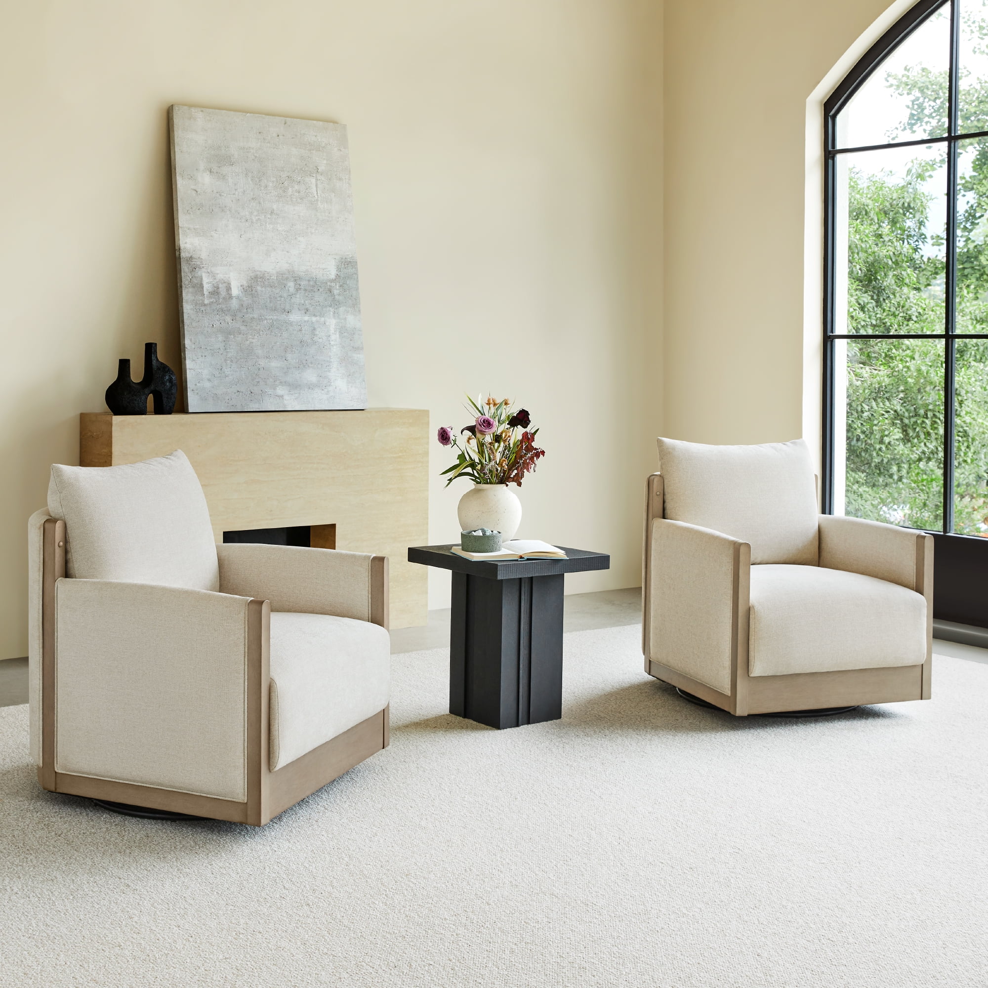 Spruce & Spring Mid-Century Modern Swivel Accent Chair with Curved Back and Upholstered Arms Single, Linen&Grey Wood