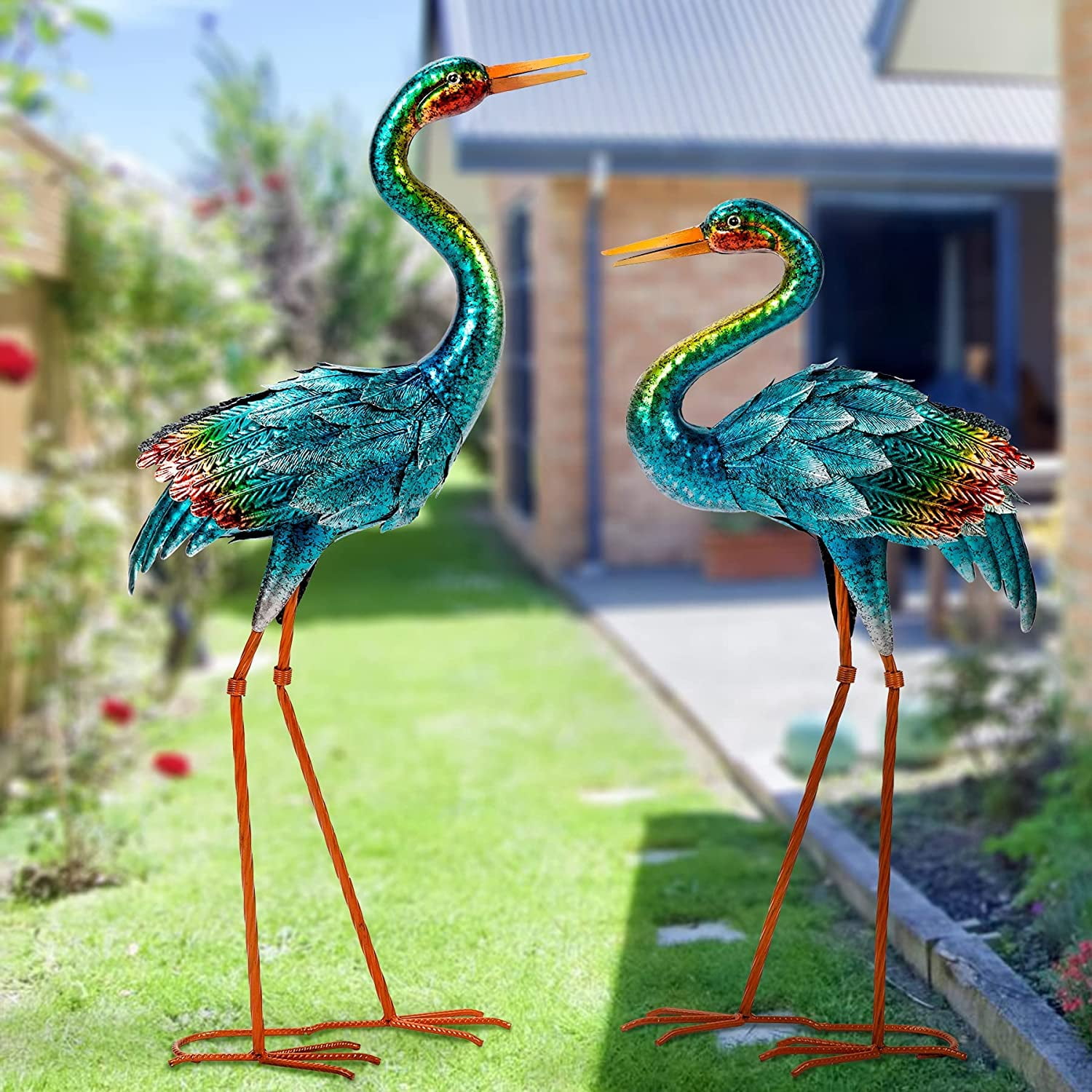 Garden Crane Statues for Outdoor, Blue Heron Decor Standing Garden Art  Sculptures, Metal Large Birds Lawn Ornaments for Patio Pond Yard Lawn  Decorations, Set of 2（Blue） 