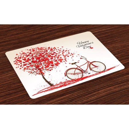 Valentines Placemats Valentines Day Placemats Set of 4 Romantic Tree with Blooming Hearts with Bike and Petals Vintage Artwork, Washable Fabric Place Mats for Dining Room Kitchen Table Decor,Cream Vermilion, by Ambesonne ()