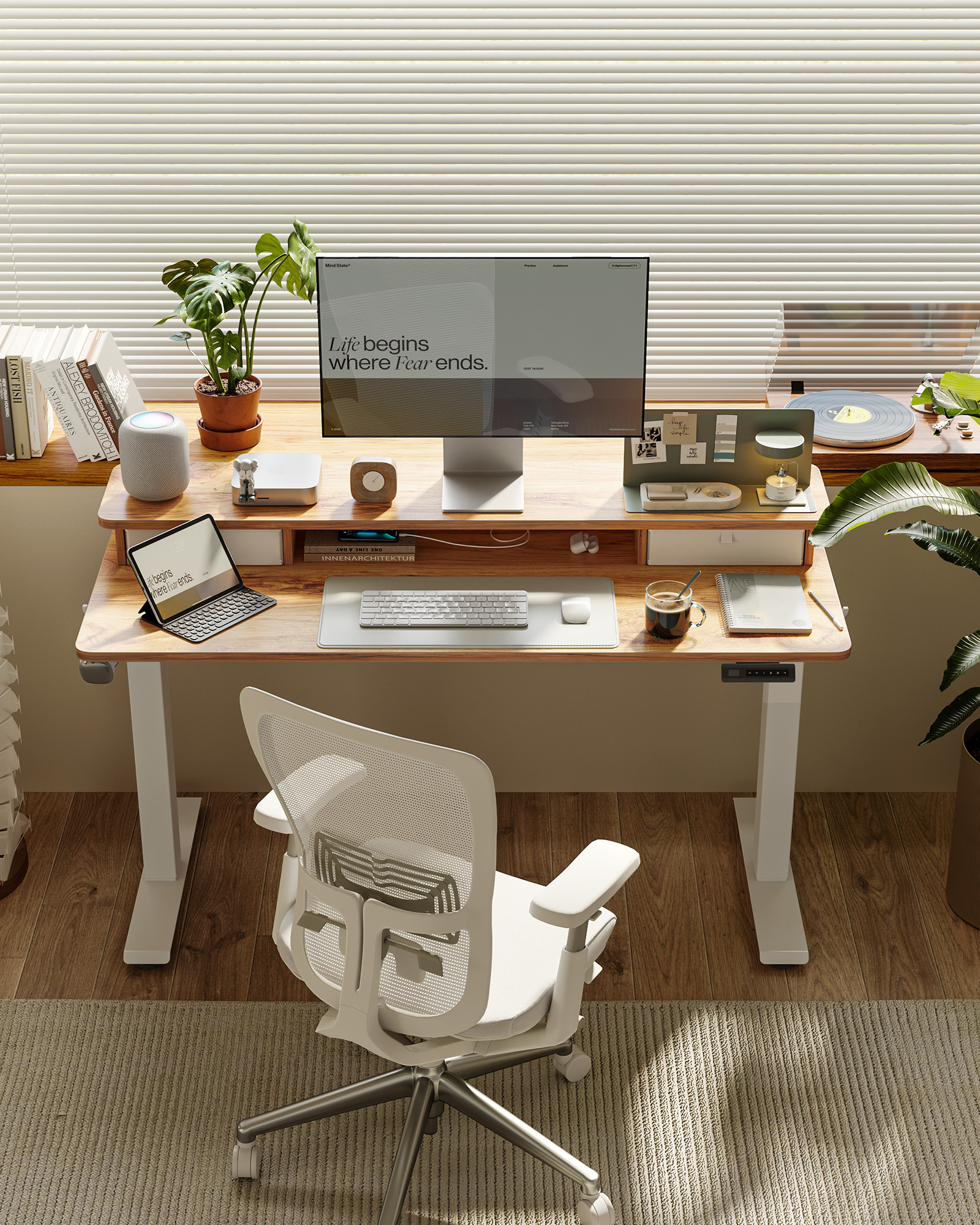 DESINO 55" x 24" Height Adjustable Electric Standing Desk with Double Drawers, Stand Up Desk with Storage Shelf, Home Office Desk Workstation with Splice Board, Light Rustic Brown