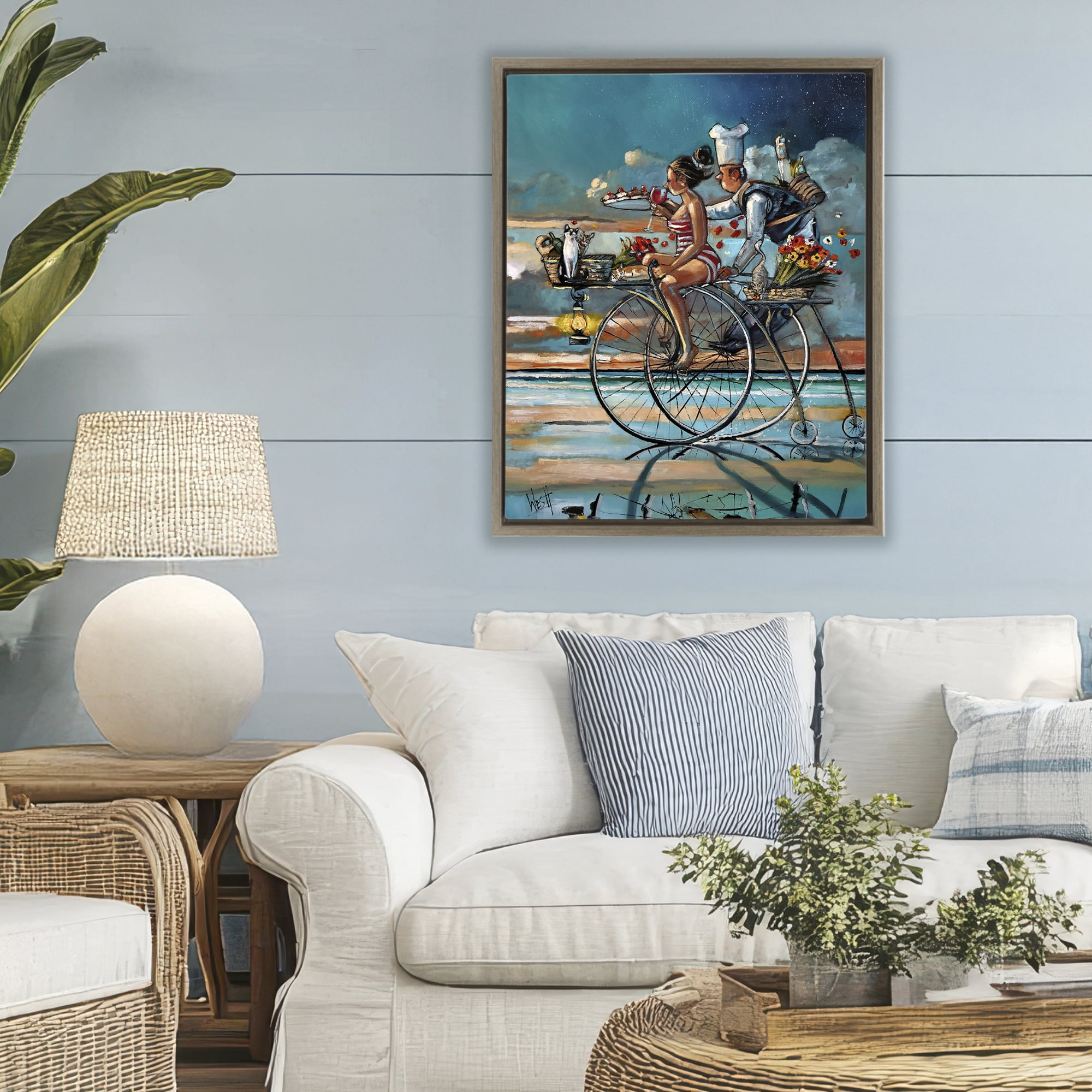 Stupell Industries Zaan's Dream Seaside Bicycle Ride Brown Framed Floater Canvas Wall Art, design by Ronald West