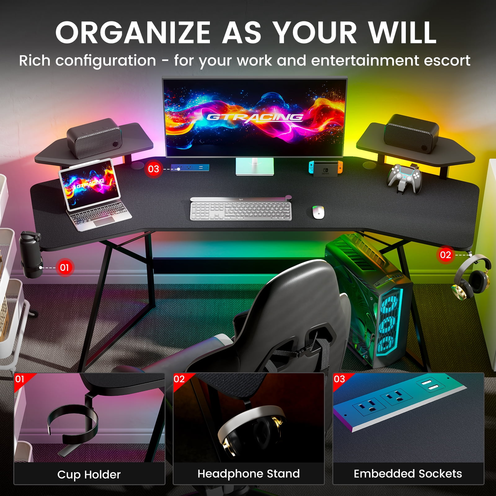 GTRACING Wing-Shaped Gaming Desk with Power Outlet, RGB LED Lights, Removable Monitor Stand, Full-sized Mouse Pad, Headphone Hook & Cup Holder, Black