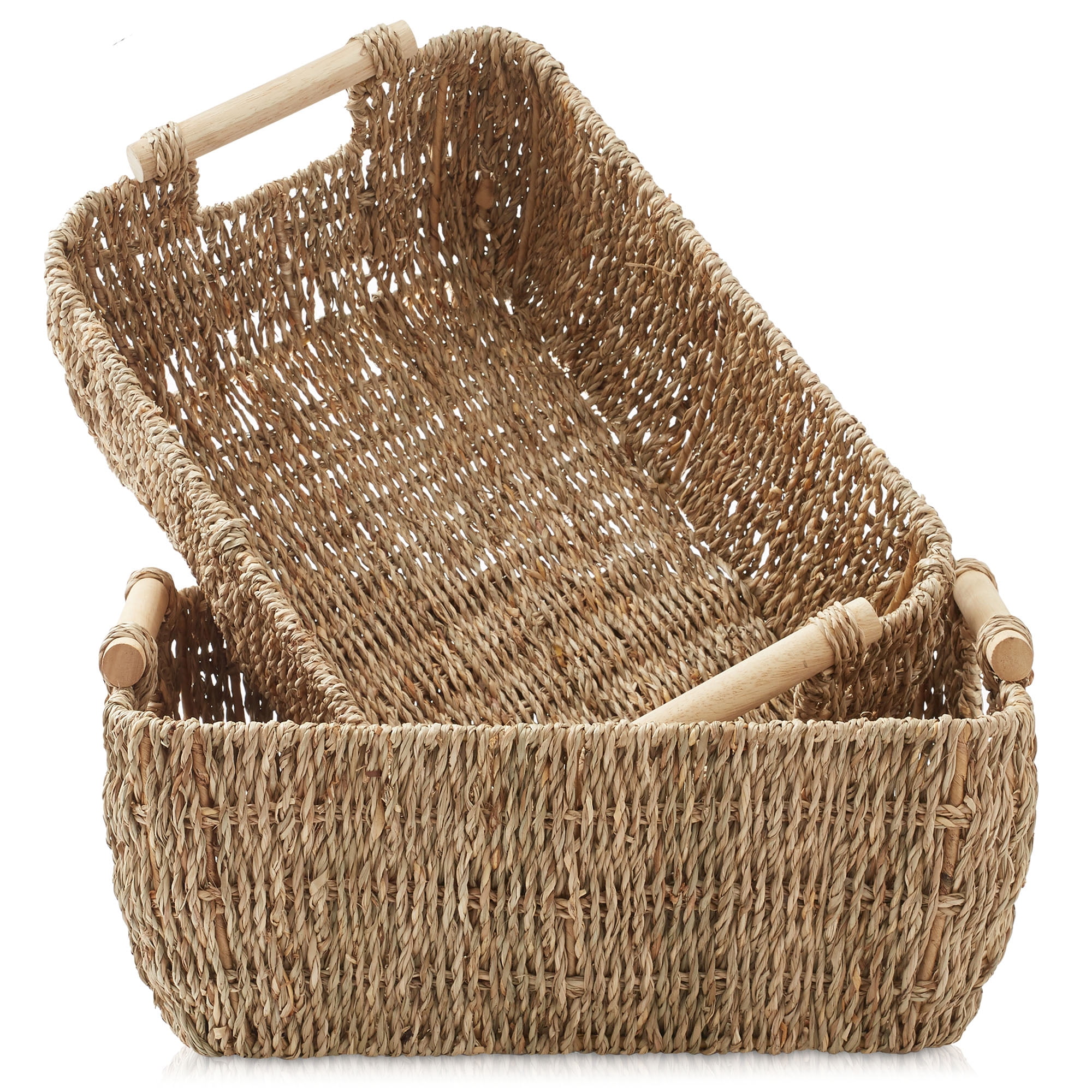 Casafield (Set of 2) Seagrass Oval Storage Baskets with Wooden Handles - Large Woven Bin Organizers