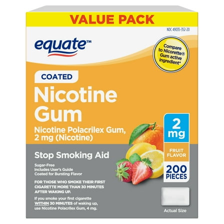 Coated Nicotine Polacrilex Gum, 2 mg (nicotine), Stop Smoking Aid, Fruit Flavor, 200 Count