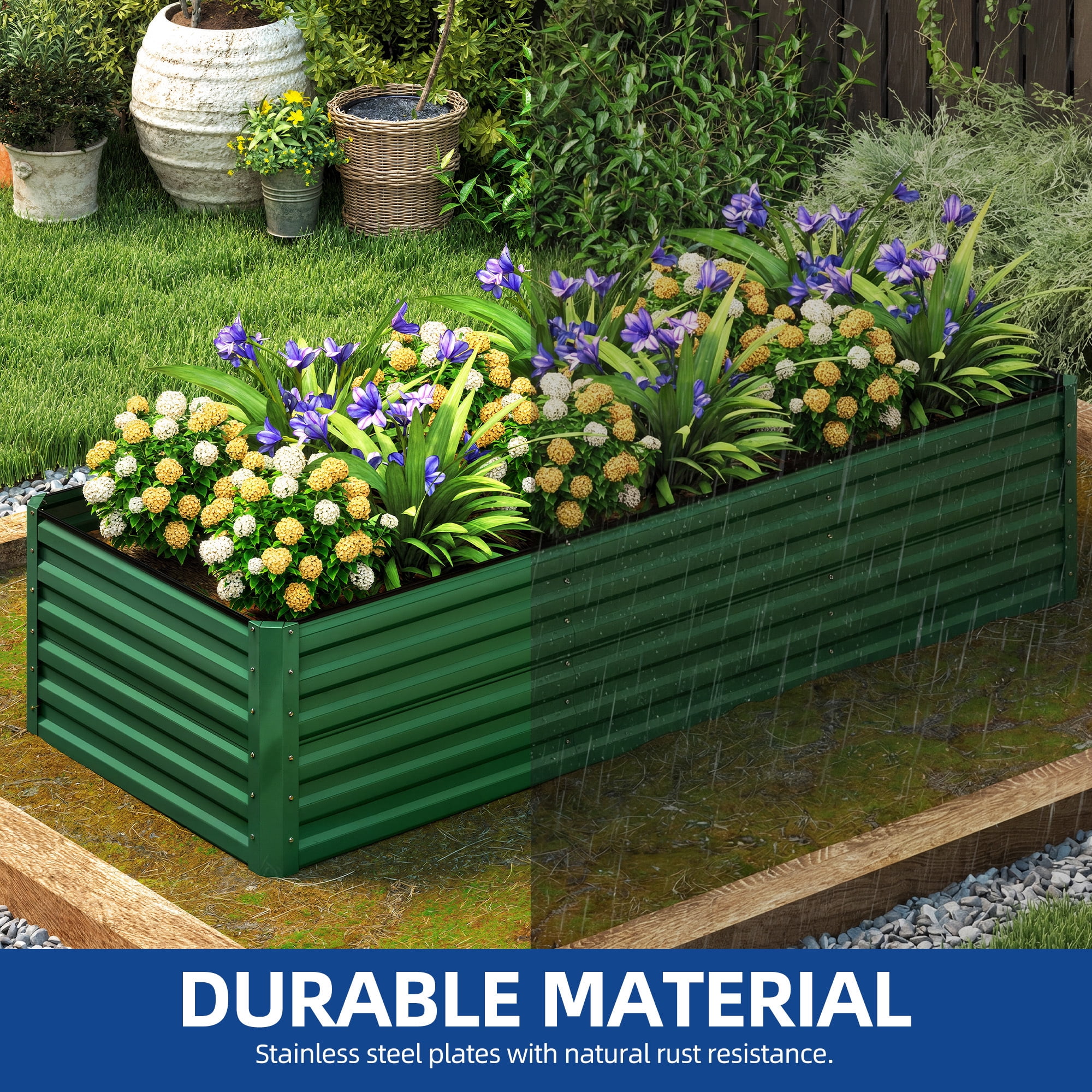 Uforic 8X4X2FT Galvanized Metal Raised Garden Bed Kit with Safety Rubber & Gardening Gloves, Outdoor Large Planter Box for Vegetables Flowers Herbs Fruits, Green