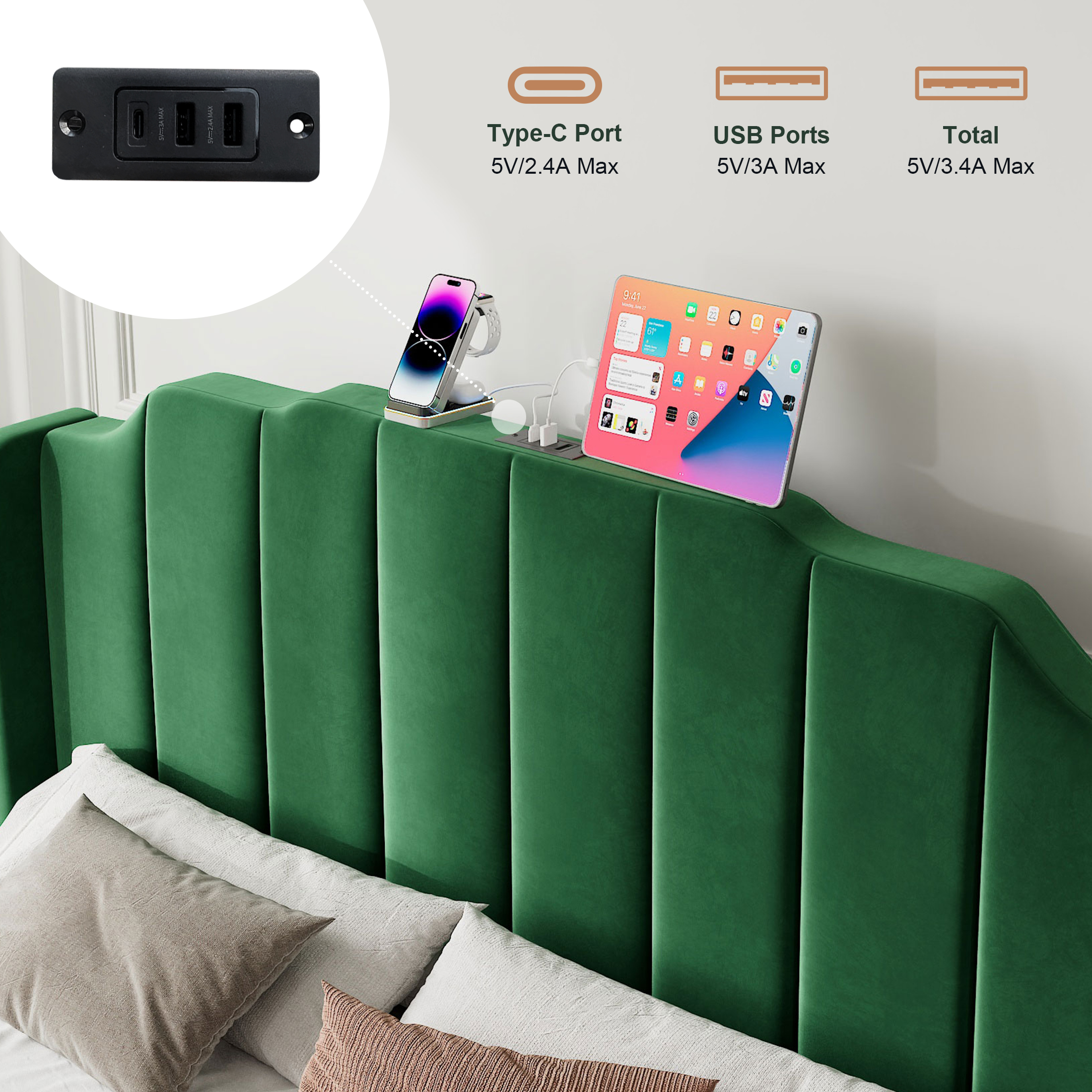 Amolife Full Size Upholstered Platform Bed Frame with USB Ports & Curved Velvet Wingback Headboard, Green