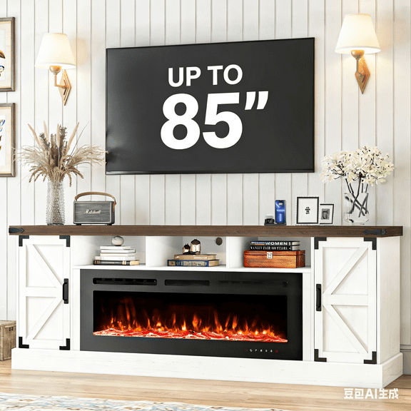 77'' Fireplace TV Stand for 85'' TVs, 50-Inch Electric Fireplace, LED Lights, Farmhouse Media Entertainment Center