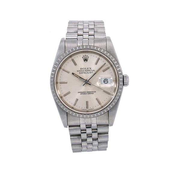 Pre-Owned Rolex Datejust 36MM 1603 Silver Dial Engine Turned Bezel Stainless Steel Jubilee Bracelet