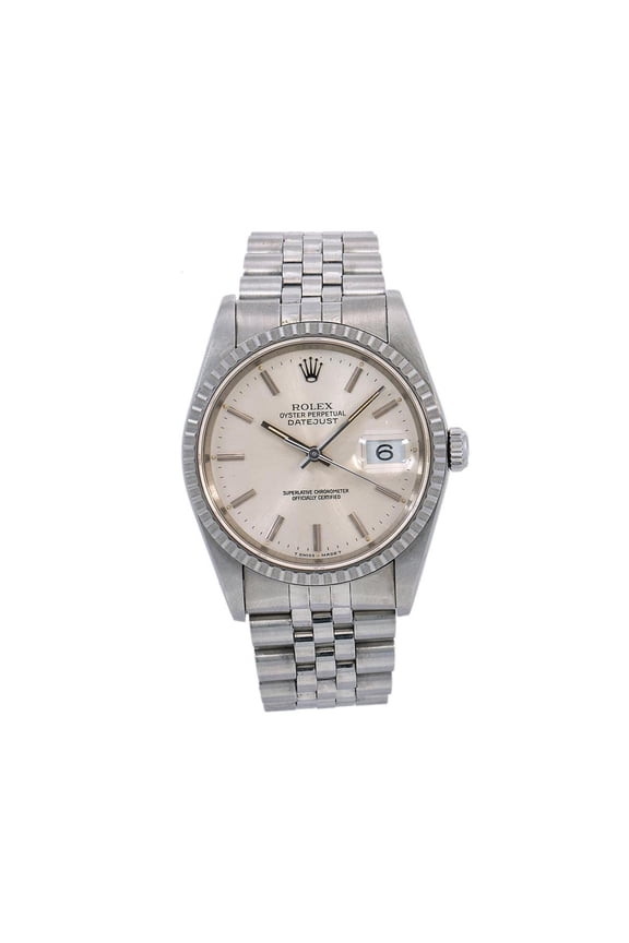 Pre-Owned Rolex Datejust 36MM 1603 Silver Dial Engine Turned Bezel Stainless Steel Jubilee Bracelet