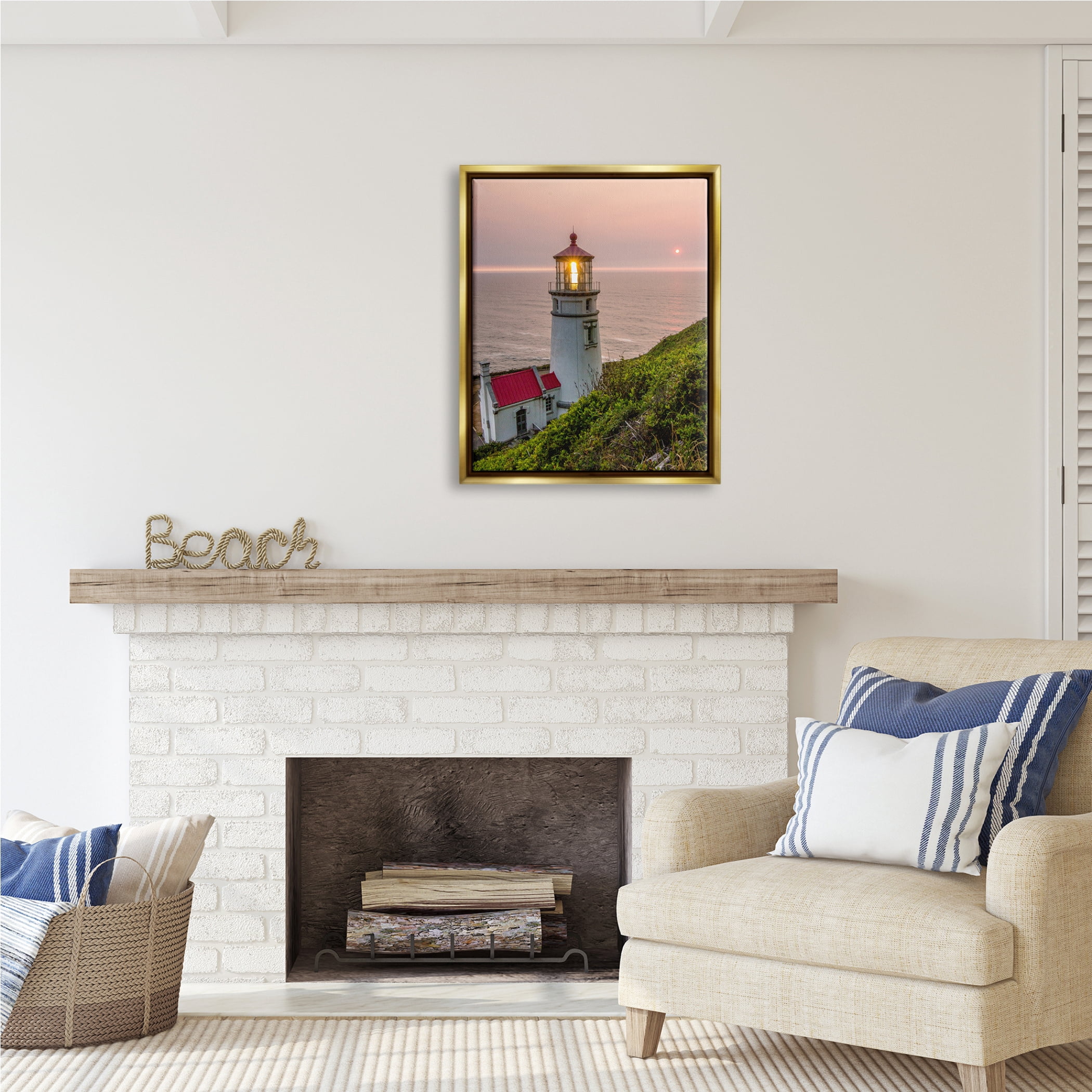 Stupell Industries Lighthouse at Sunset Nature Photography Gold Floater Framed Art Print Wall Art, 25 x 31