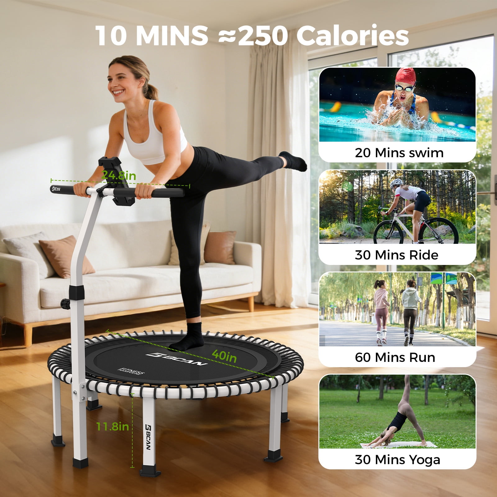 BCAN BT4 40" Soft Land Pro Adult Bungee Rebounder Trampoline, 500lb Capacity, Adjustable Tension Bungees, Exercise Trampoline for Adults, Phone Holder & 2 Pairs Socks| FED Fitness